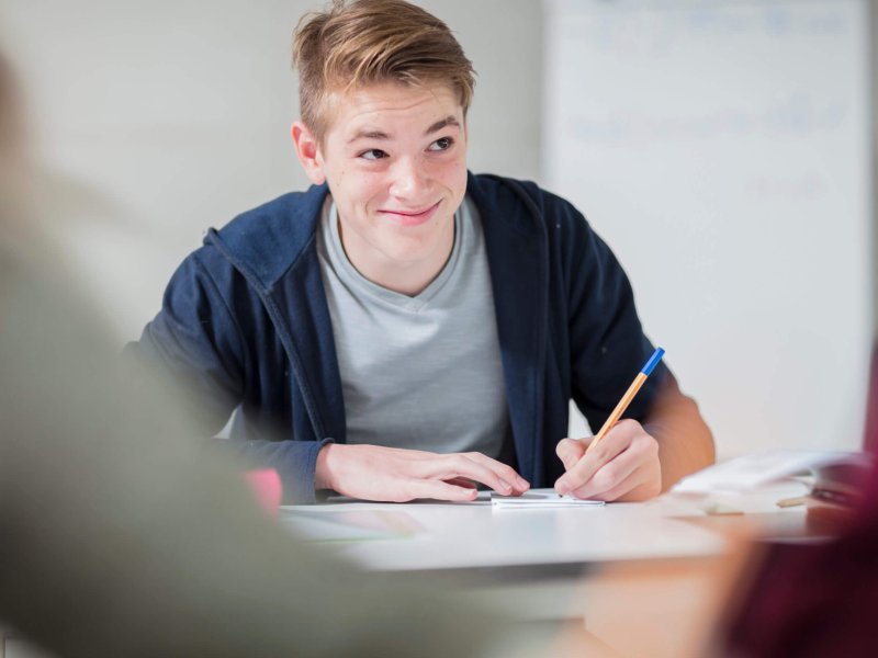 Smiling teenage boy taking notes in class